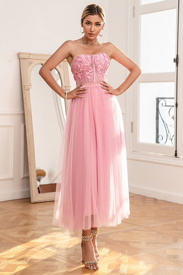 Gorgeous A-Line Strapless Pink Ball Dress with Appliques